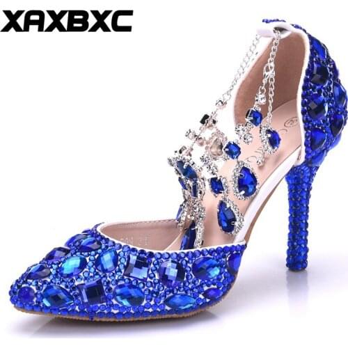 XAXBXC 2018 New Summer Spring Blue Rhinestone Crystal Tassel Pumps High Heels Women Bride Bridesmaid Party Wedding Shoes Plus