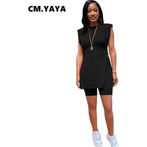 CM.YAYA Women Set Solid Sleeveless Long Splited Tops Stretchy Shorts Two 2 Piece Sets Active Tracksuit Sweatsuit Summer Outfits