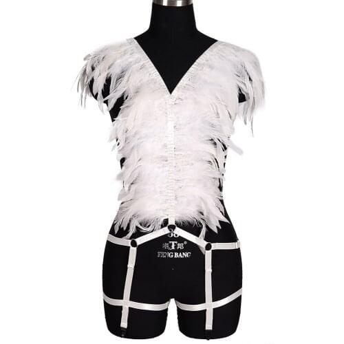 Goth Bdsm Womens Underwear Natural Feather Body Belts Harness Bra Gothic Clothes Harness Fashion Sexy Lingerie Stockings Garter
