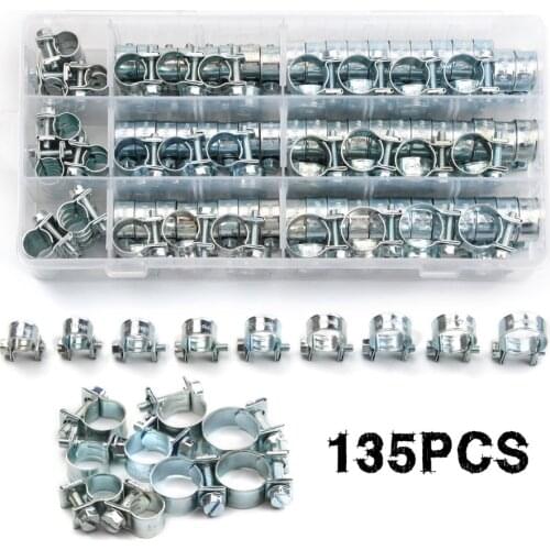 135Pcs 8-18mm Hose Clamp Double Ears Clamp Worm Drive Fuel Water Hose Pipe Clamps Clips Hose Fuel Clamps Assortment Kit