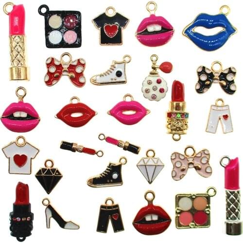 20pcs mixing Lipstick Eye shadow clothes Bow Lips shoe pants perfume bottle Enamel For DIY Jewelry Pendant Charms Findings XL691