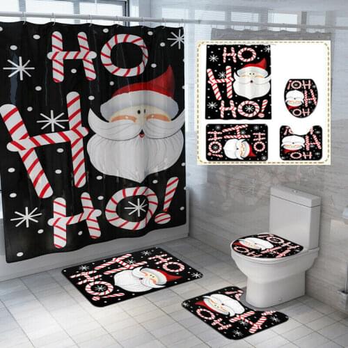 Christmas Bathroom Shower Curtain Rug Set Toilet Waterproof Cover Mat 3/4pcs