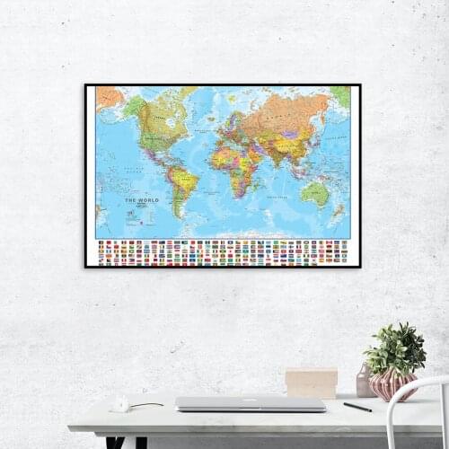 75*50cm The World Map with National Flags Canvas Painting Wall Art Poster Education School Supplies Living Room Home Decoration