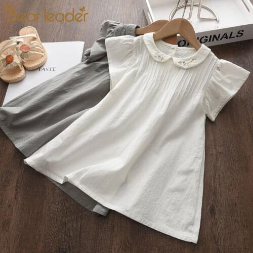 Bear Leader Kids Girls Embriodery Flowers Dresses 2021 Fashion Girl Baby Casual Costumes Children Solid Vestidos Clothing 3-7Y