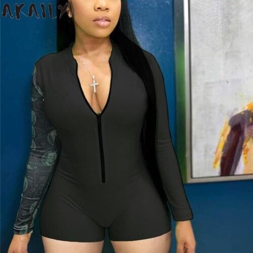 Akaily Streetwear Skinny Print Zipper Bodysuit Women Summer 2021 Sexy V Neck Shorts Clubwear Jumpsuit Fitness Outfits For Women