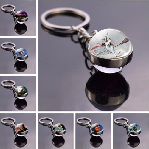 Pumpkin Lantern Witch with Broom Necklace Black Cat and Bat Picture Glass Ball Keychain Keyring Pendant Halloween Party Jewelry