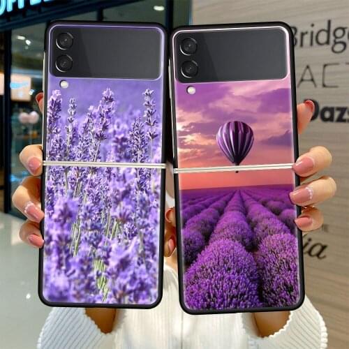 Black Hard Case For Samsung Galaxy Z Flip 3 5G Luxury PC Shockproof Phone Cover ZFlip 3 Bumper Fundas Purple Lavender Flower Sac