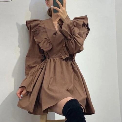 Zoki Elegant Korean Women Mini Dress Autumn Long Sleeve Fashion Ruffles Party Dress V Neck Solid Girls White Chic Vestidos 2021