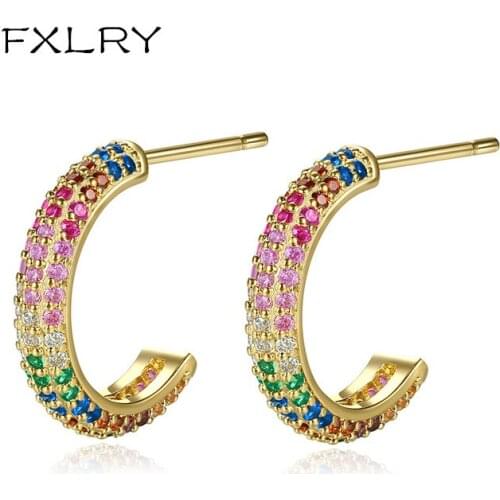 FXLRY Personality Women Hoop Earrings Three Colors Cubic Zircon Stones Paving Earring for Women Fashion Jewelery