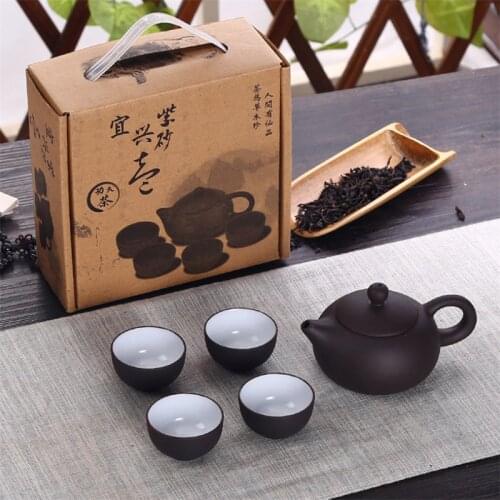 Yixing Purple Clay Ceramic Kung Fu Water Cup Tea Set With 4 Mini Tea Cup + 1 Pot Portable Travel Home Office Tea Set Drinkware