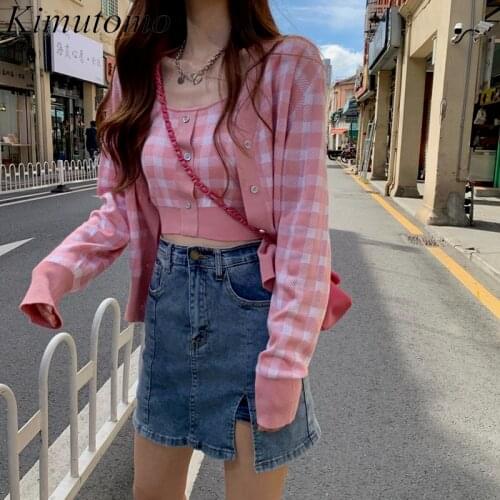 Kimutomo Casual Plaid Knitted Two Piece Set Women Autumn 2021 New Lazy Gentle Wind Long Sleeve Cardigan Short Sling Fashion
