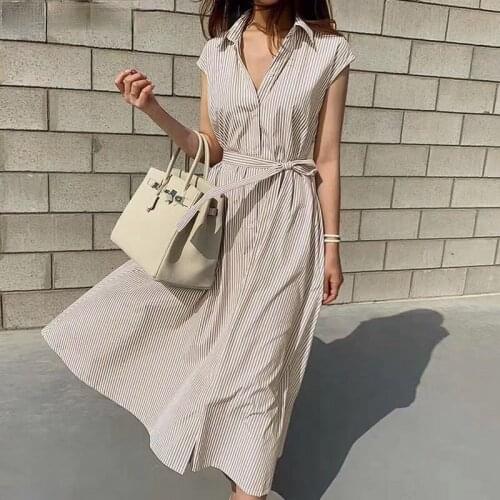 2021 New Womens Spring and Summer Shirt Dress Multicolor Casual Sleeveless Cardigan Stripe Oversized Lace-up Long Dress DR1970