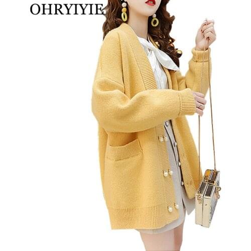 OHRYIYIE Yellow Double-breasted Loose Cardigan Women 2020 New Casual Long Sleeve Thick Knitted Sweaters Female Pearl Buckle Coat