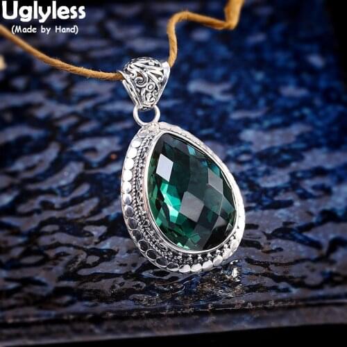 Uglyless Faceted Crystal Green Pendants for Women Indonesian Style Water Drop Necklaces NO Chain Real 925 Silver Fashion Jewelry