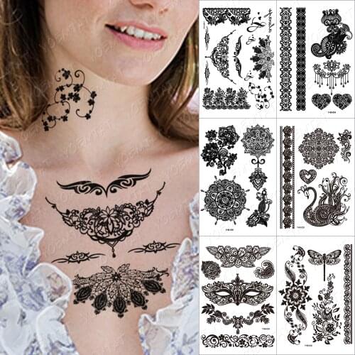 Waterproof Metallic Gold Silver black Temporary Tattoo stickers For India Henna water transfer tatto Love Flower Pattern