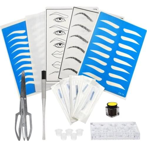 Permanent Eyebrow Makeup Tools Microblading Needles Pen Pigment Ink Cups Practice Skin Measurement Ruler Set