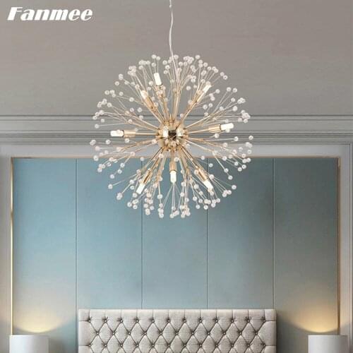Postmodern Crystal Beads Chandelier Light LED Nordic Copper Starburst Decorative Hanging Lamp for Bedroom Kitchen Island Party