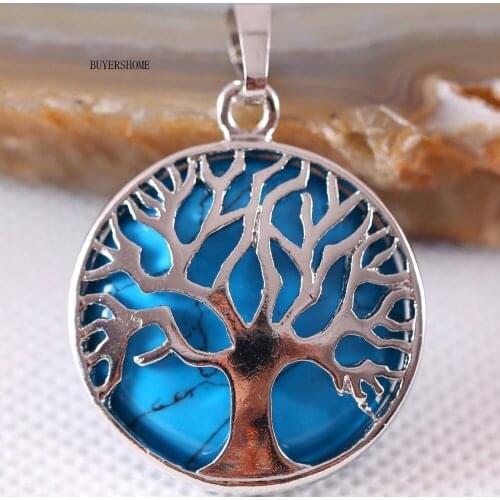 Silver Color Tree of life Round Necklace Pendant 25MM Natural Stone Blue Howlite 1Pcs K410