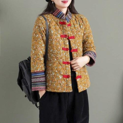 Traditional Chinese Style Clothes for Women Vintage Button Cotton Coat 2021 Winter New Ladies Loose Jacket Tops Hanfu Female