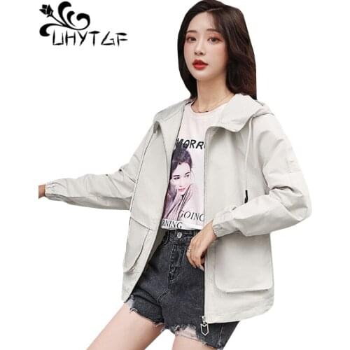 UHYTGF Spring autumn trench coat womans Fashion hooded loose plus size Windbreaker Solid color Wild elegant feminine coat 237