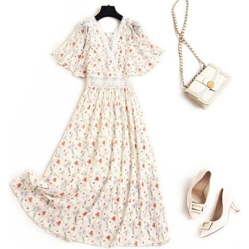 Korean sweet wind 2021 summer new chiffon print lotus leaf sleeve waist V-neck versatile dress