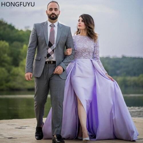 HONGFUYU Lilac Muslim Evening Dresses Satin Slit Long Sleeves Lace Illusion Saudi Arabia Prom Formal Dress فساتين حفلة موسيقية