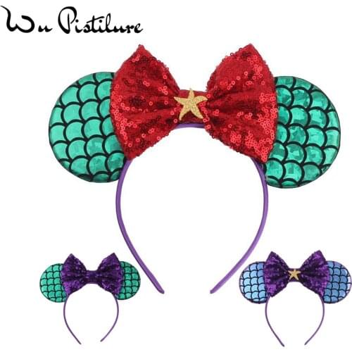 Chic Green Mermaid Ears Headband Women Glitter 2019 Summer Girls Kids Sequin Bow Minnie Sequins Hairband DIY Hair Accessories