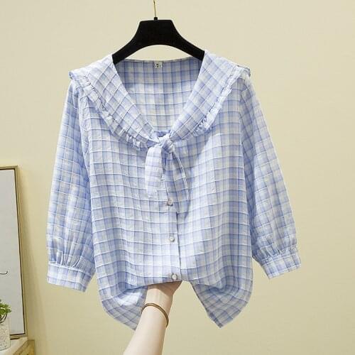 Blue Plaid Bow Plus Size Korean Autumn Elegant Fashion Blouses And Tops WomenS Oversize Shirt Clothing 2021 Female Vintage