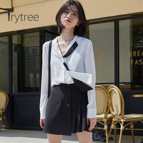 Trytree 2020 Spring Autumn Women Casual Blouse V-neck Solid Vintage Temperament All-Purpose Style Office Lady Suit Blouse Tops