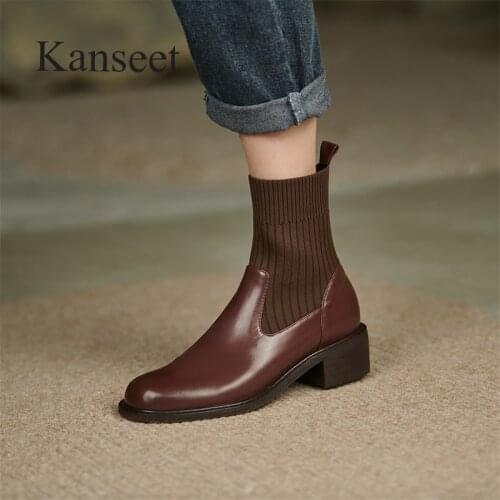 Kanseet Round Toe Women Ankle Boots 2021 Autumn Patchwork Thick Mid Heel Slim Shoes Chelsea Short Boots Black Brown Plus Size 43