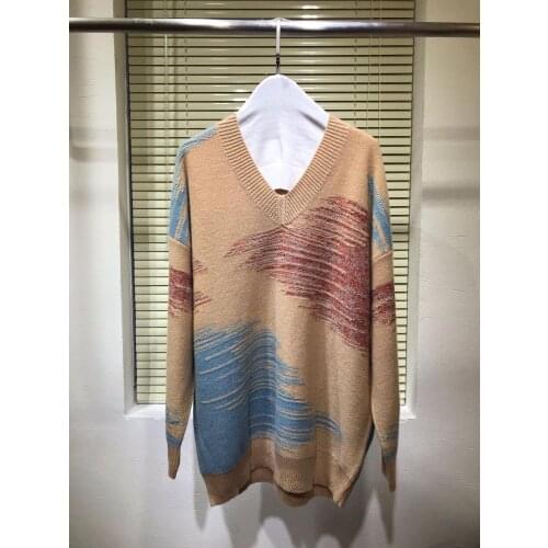 2020 Winter Runway Fashion Cashmere Sweater Women V-Neck Long Sleeve Sequins Striped Color Patchwork Popular Sweaters