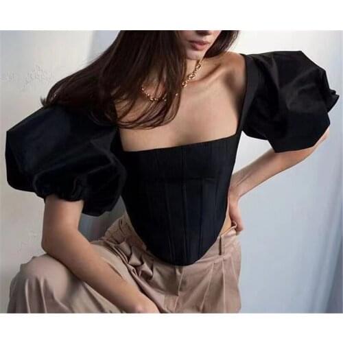 New Arrival Summer Womens Black Tops Puff Sleeve Square collar Sexy Celebrity Nightclub Party Tops