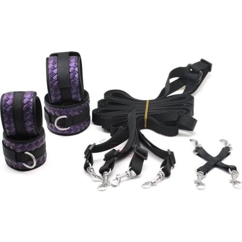 Smspade 2017 purple PU under the bed restraint kit with hogtie fabric belt handcuffs ankle cuffs female bondage bedroom kit