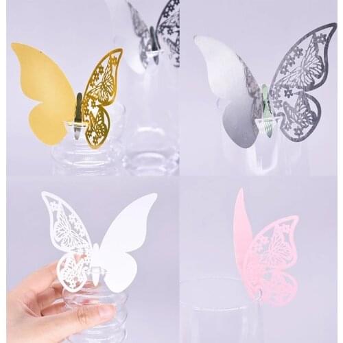 20pcs/50pcs Shiny Champagne Gold Silver Pink Butterfly Name Cards Seat Place Card Wine Glass Cup Paper Card Wedding Party Decor