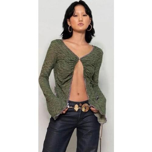 2021 Womens Fashion Open Front Crop Tops Sexy V Neck Long Sleeve Central Clasp Lettuce Trim Blouse Support Wholesales