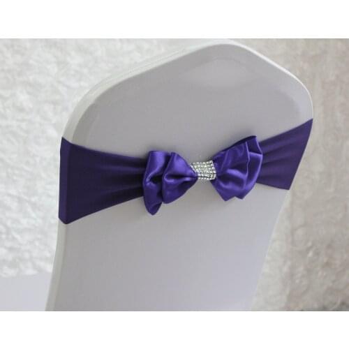 50pcs Dark Purple Polyester Chair Sash Bow Elastic Chair Ribbon Back Tie Bands For Wedding Party Ceremony Banquet Decor