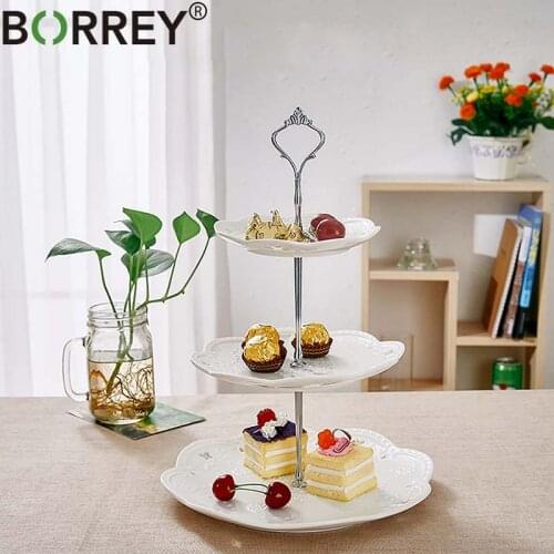 BORREY Ceramic Dessert Dishes 3 Tier Cake Plate Stand Wedding Birthday Cake Fruit Plate Porcelain Embossed Pastry Serving Tray