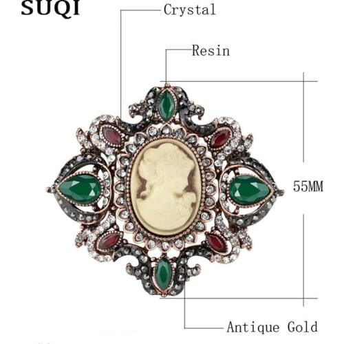 SUQI vintage Cameo Queen brooches pin for women fashion dress coat jewelry accessories old gold beautiful brooche