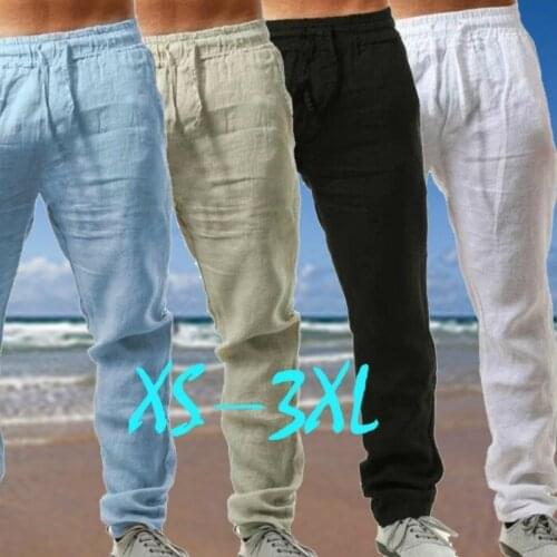 Mens Trousers Cotton Linen Pants Male Summer Solid Color Linen Fitness Streetwear Beach Trousers