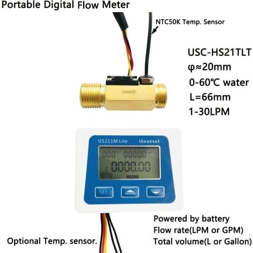 US211M Lite Digital Flow Meter USC-HS21TL 1-30L/min 5V Flow Reader Compatible with all our flow sensor with temperature sensor