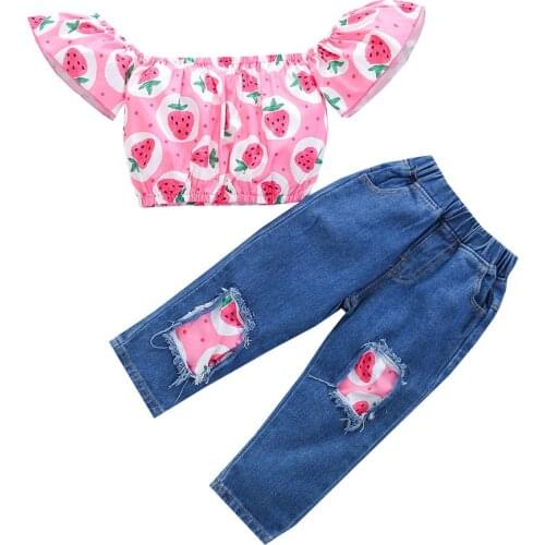 1-4Y Infant Kid Baby Girl 2Pcs Summer Clothes Set Off Shoulder Tops Ripped Patch Denim Pants Watermelon/Strawberry/Avocado/Lemon
