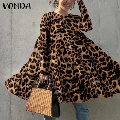 Elegant Long Shirt Dress 2021 VONDA Women Long Sleeve Printed Sundress Female Pleated Bohemian Robe Femme Baggy Mini Dress S-5XL