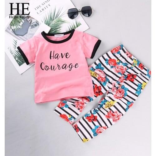 HE Hello Enjoy Toddler Girls Clothing Sets Summer 2020 Kids Clothes Short Sleeves Print Letter T-shirt+Floral Pant Children Suit