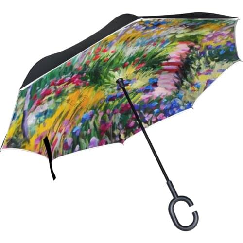 Oil Painting Reverse Umbrella Folding Double Layer Inverted C Hand Holder Stand Rain Windproof Rolling Over Umbrella For Women
