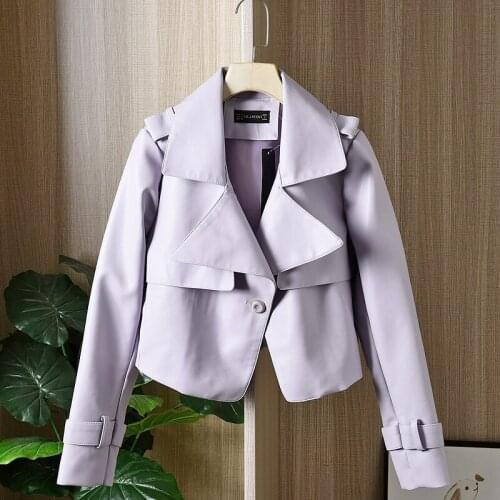 Korean Single-Button Slim Soft Faux PU Leather Jacket Women Purple Short Coat Spring 2021 Long sleeve Street Biker Jacket Female