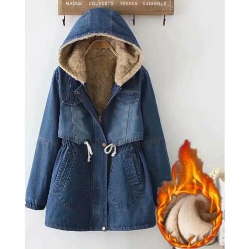 Korean Winter Jacket Women Plus velvet Denim Jacket 2021 New Hooded Cotton Coat Parka Female Long Thicken Warm Lambswool Outwear