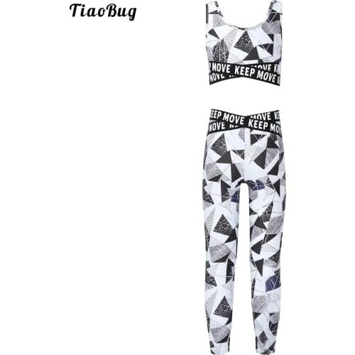 TiaoBug Summer 2Pcs Kids Girls Yoga Sportswear U Neck Shoulder Straps Sleeveless Cropped Top Pants Sets For Gym Running Fitness