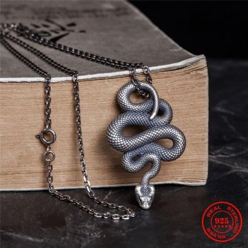MKENDN Vintage 100% 925 Sterling Silver Snake Pendant Necklace For Men and Women Gothic Street Hip Hop Punk Dark Jewelry