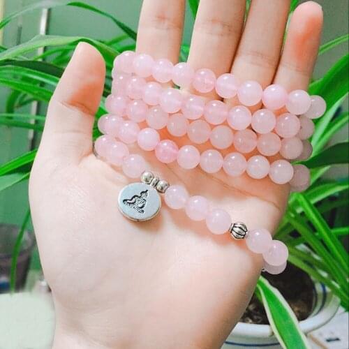 HFANCYW Fashion Design 8mm Natural Pink Stone 108 Beads Mala Bracelet Women Jewelry Yoga Buddhist Chakras Meditation Necklace