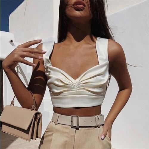 NEW Summer Women Ruffle Sleeve Shirt Tanks Strappy V Neck Fashion Sexy Satin Slim Backless Crop tops High street Female Clothes
